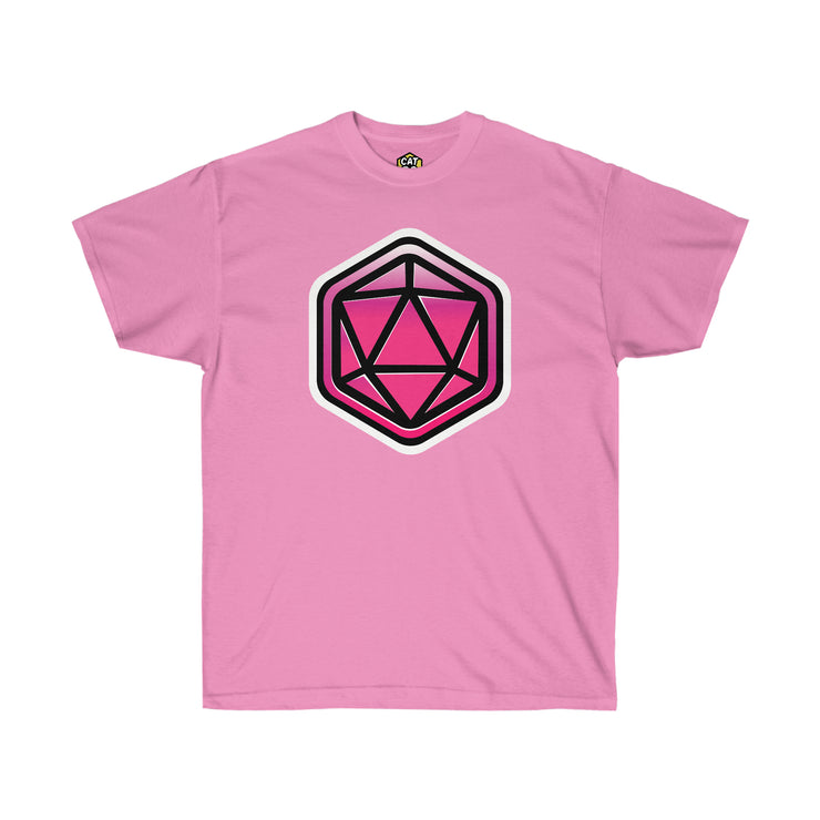 Cat20Designs Pink dice, dice stamp, Full design, studio shot of Tabletop Roleplaying Game nerdy and geeky tshirt apparel design, merch for fantasy ttrpgs like dungeons and dragons and pathfinder, perfect gift for dungeon master or game masters