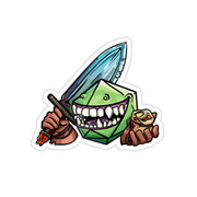 Cat20Designs Fantasy tabletop roleplaying game inspired sticker, hand drawn, original design, dungeons and dragons and pathfinder sticker of Gomer the D20 Dice monster with a sword and sack of gold