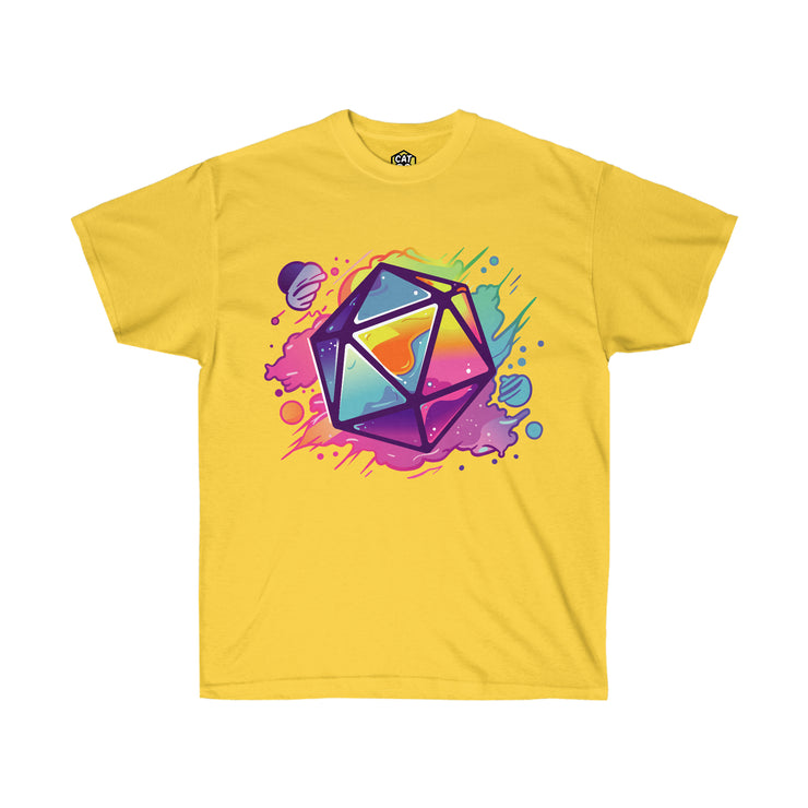 Cat20Designs Neon Dice Full design, studio shot of Tabletop Roleplaying Game nerdy and geeky tshirt apparel design, merch for fantasy ttrpgs like dungeons and dragons and pathfinder, perfect gift for dungeon master or game masters
