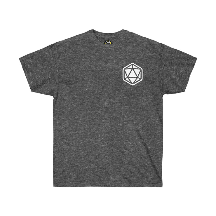 Cat20Designs Simple D20 Chest pocket front of shirt design Full design, studio shot of Tabletop Roleplaying Game nerdy and geeky tshirt apparel design, merch for fantasy ttrpgs like dungeons and dragons and pathfinder, perfect gift for dungeon master or game masters