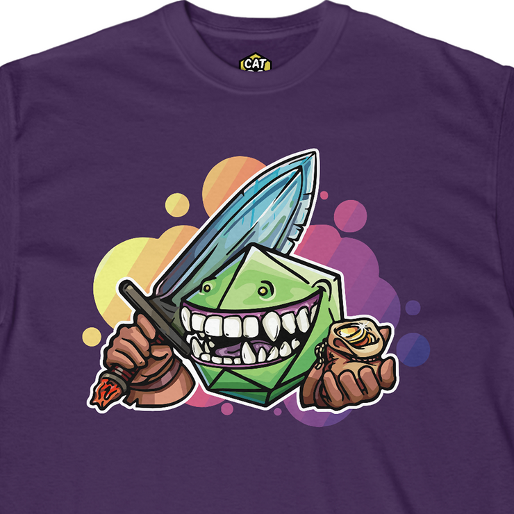 Cat20Designs Gomer d20 polyhedron dice monster with neon background Close up of Tabletop Roleplaying Game nerdy and geeky tshirt apparel design, merch for fantasy ttrpgs like dungeons and dragons and pathfinder, perfect gift for dungeon master or game masters