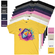 Cat20Designs Neon Dice all available colors in a stack for Tabletop Roleplaying Game nerdy and geeky tshirt apparel design, merch for fantasy ttrpgs like dungeons and dragons and pathfinder, perfect gift for dungeon master or game masters