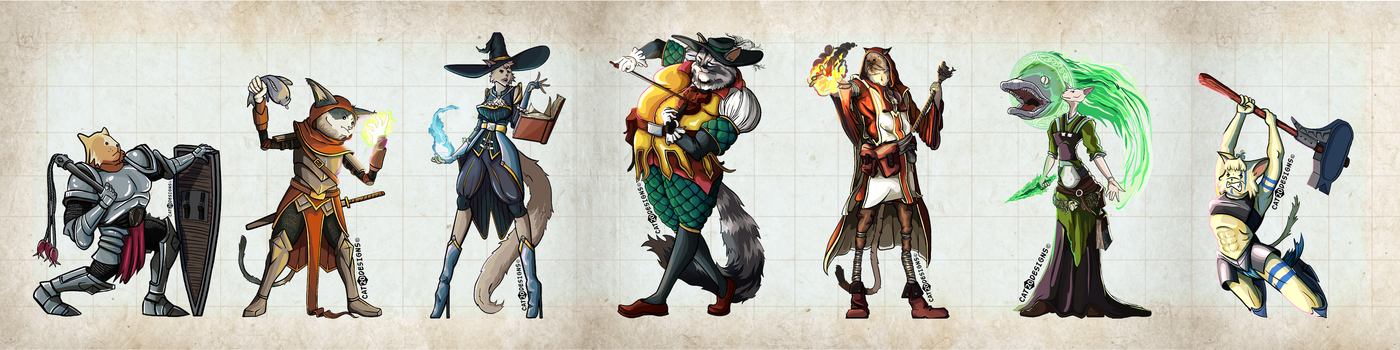 Cat character designs of various fantasy D&D classes