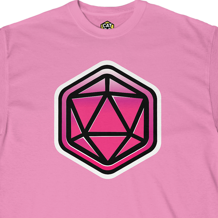 Cat20Designs Pink dice, dice stamp, Close up of Tabletop Roleplaying Game nerdy and geeky tshirt apparel design, merch for fantasy ttrpgs like dungeons and dragons and pathfinder, perfect gift for dungeon master or game masters