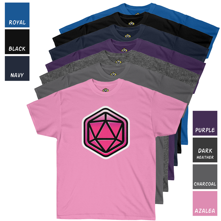 Cat20Designs Pink dice, dice stamp, all available color for Tabletop Roleplaying Game nerdy and geeky tshirt apparel design, merch for fantasy ttrpgs like dungeons and dragons and pathfinder, perfect gift for dungeon master or game masters