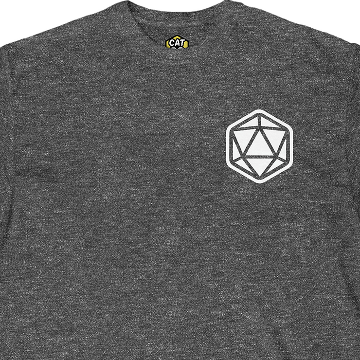 Cat20Designs Simple D20 Chest pocket front of shirt design Close up of Tabletop Roleplaying Game nerdy and geeky tshirt apparel design, merch for fantasy ttrpgs like dungeons and dragons and pathfinder, perfect gift for dungeon master or game masters