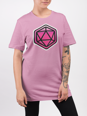 Cat20Designs Pink dice, dice stamp, person wearing a Tabletop Roleplaying Game nerdy and geeky tshirt apparel design, merch for fantasy ttrpgs like dungeons and dragons and pathfinder, perfect gift for dungeon master or game masters