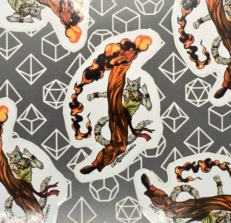 Cat20Designs Fantasy tabletop roleplaying game inspired sticker, hand drawn, original design, dungeons and dragons and pathfinder sticker of Monk cat character kicking with firry fury